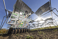 Ein Feld bestellen für die doppelte Ernte: Agri-Photovoltaik liefert gleichzeitig Strom und Agrarprodukte vom Acker. Mit 10 % der landwirtschaftlichen Betriebe könnten auf 1 % der Ackerfläche Deutschlands ca. 9 % des bundesweiten Strombedarfs decken, so Berechnungen einer Studie der Universität Hohenheim und des Thünen-Instituts. | Bildquelle: Universität Hohenheim / Thomas Klink